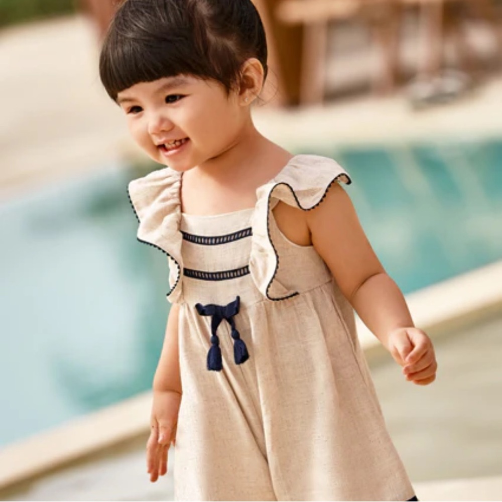 Mayoral Beige Linen-Look Ruffle Toddler Romper with Navy Trim